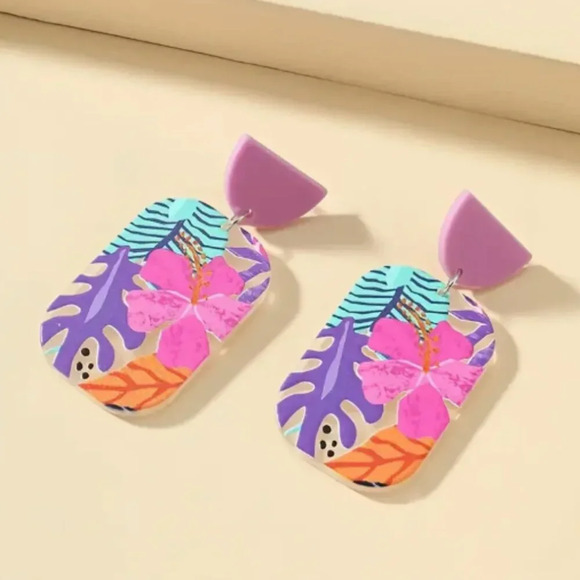 Floral Purple and Pink Earrings - Picture 1 of 3